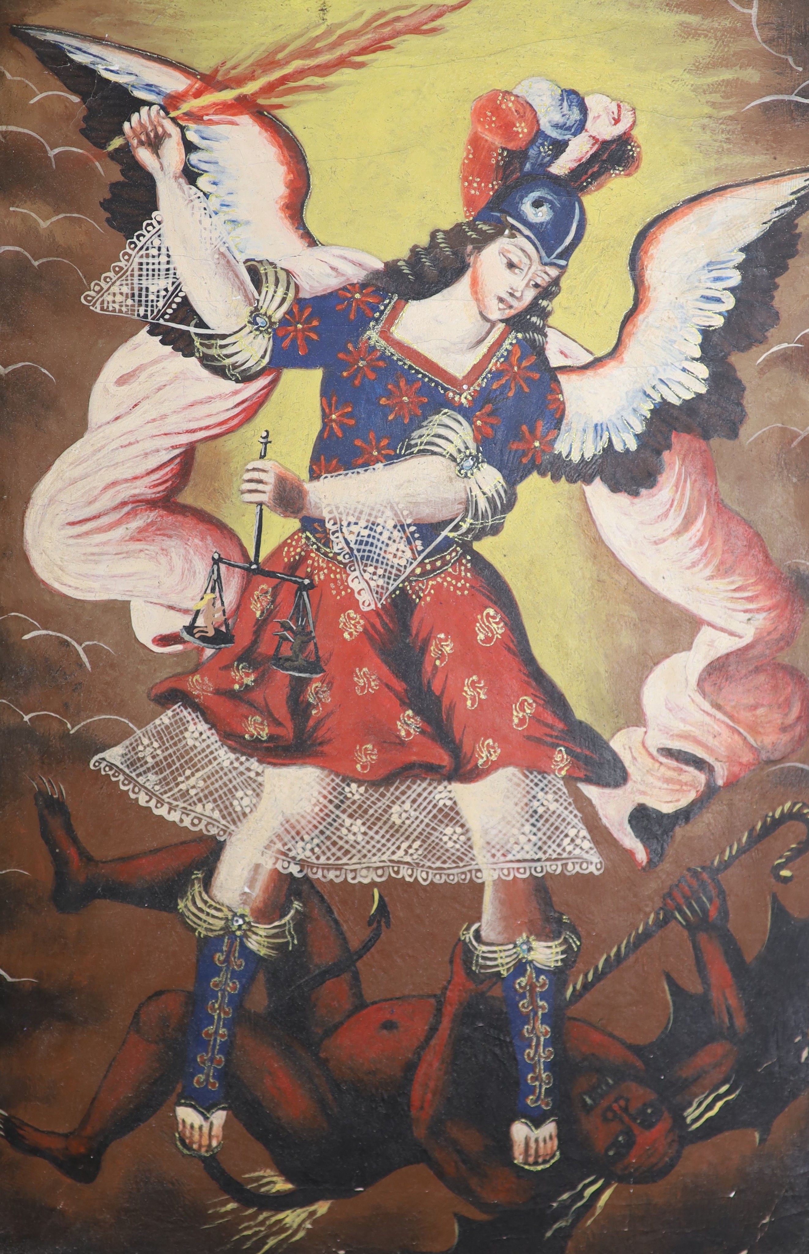 Cuzco School, two oils on board, Saint and the devil and Portrait of a Queen, 30 x 20cm and 24 x 20cm